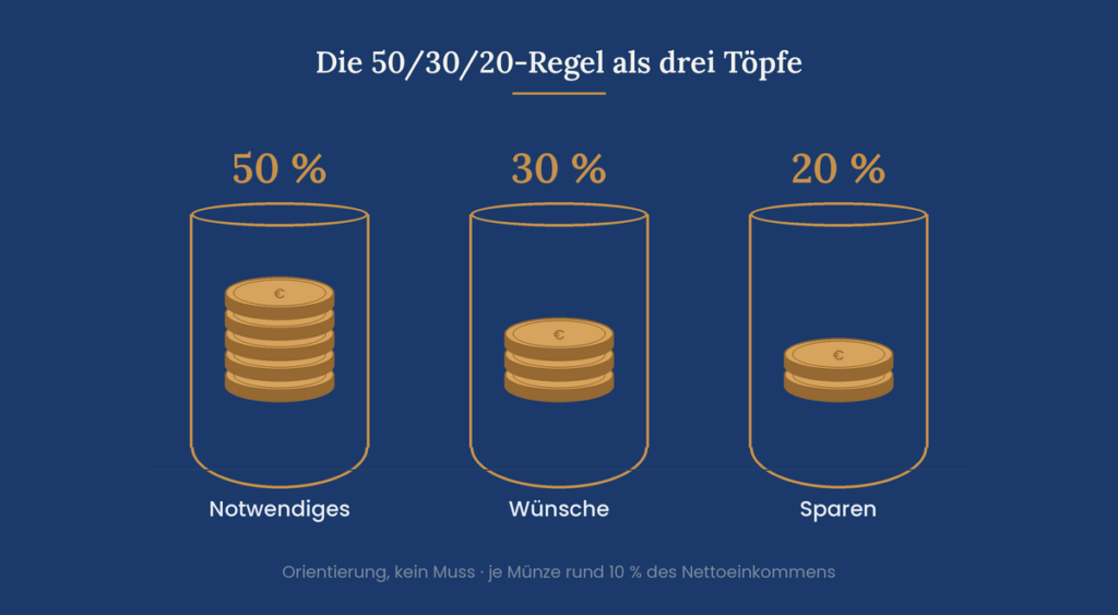 Drei stilisierte Töpfe auf dunkelblauem Grund, gefüllt mit gestapelten Goldmünzen: 50 Prozent für Notwendiges, 30 Prozent für Wünsche, 20 Prozent fürs Sparen — eine bildliche Darstellung der 50/30/20-Faustregel, bei der jede Münze rund 10 Prozent des Nettoeinkommens entspricht.