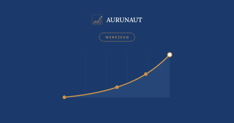 Stilisierte, exponentiell steigende Wachstumskurve in Bernstein auf dunkelblauem Grund, mit AURUNAUT-Logo und Kategorie-Label WERKZEUG.