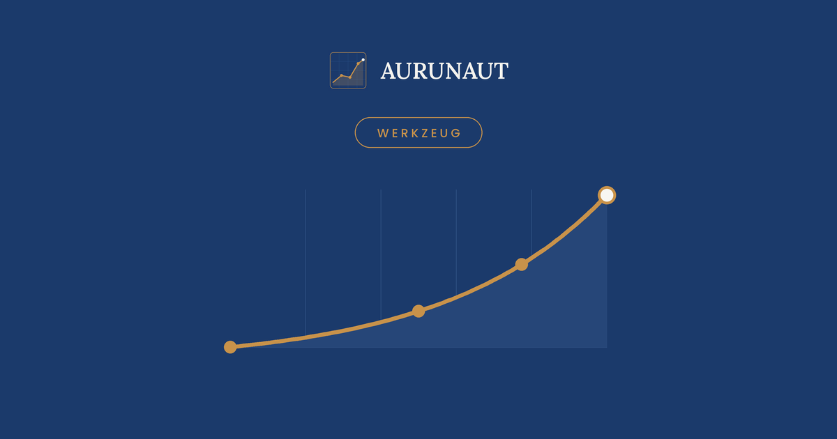 Stilisierte, exponentiell steigende Wachstumskurve in Bernstein auf dunkelblauem Grund, mit AURUNAUT-Logo und Kategorie-Label WERKZEUG.