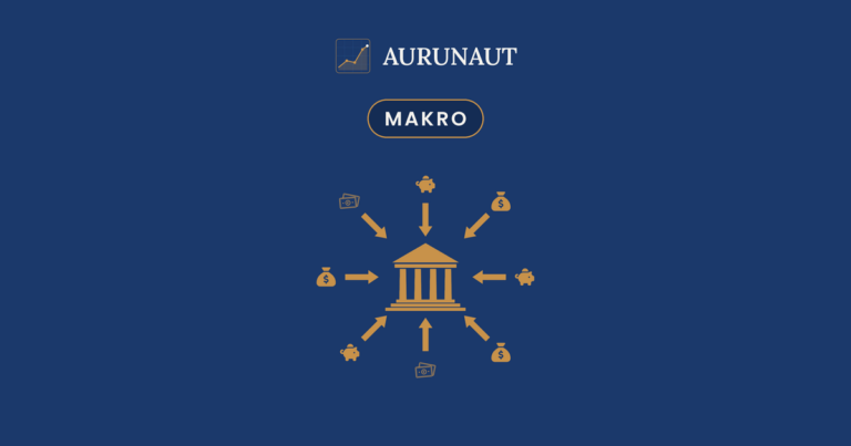Beitragsbild von AURUNAUT zum Thema Staatsschulden: Von allen Seiten fließt Geld (Sparschweine, Geldsäcke, Banknoten) über Pfeile zu einem bernsteinfarbenen Tempel als Symbol für den Staat; dunkelblauer Hintergrund mit AURUNAUT-Logo und Kategorie-Label MAKRO.