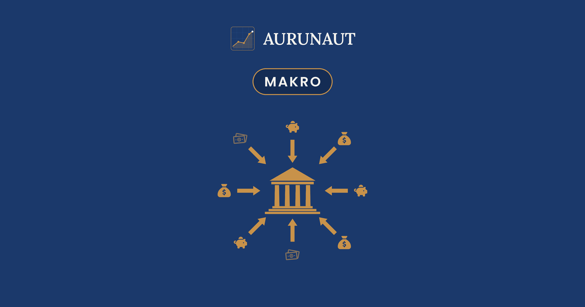 Beitragsbild von AURUNAUT zum Thema Staatsschulden: Von allen Seiten fließt Geld (Sparschweine, Geldsäcke, Banknoten) über Pfeile zu einem bernsteinfarbenen Tempel als Symbol für den Staat; dunkelblauer Hintergrund mit AURUNAUT-Logo und Kategorie-Label MAKRO.